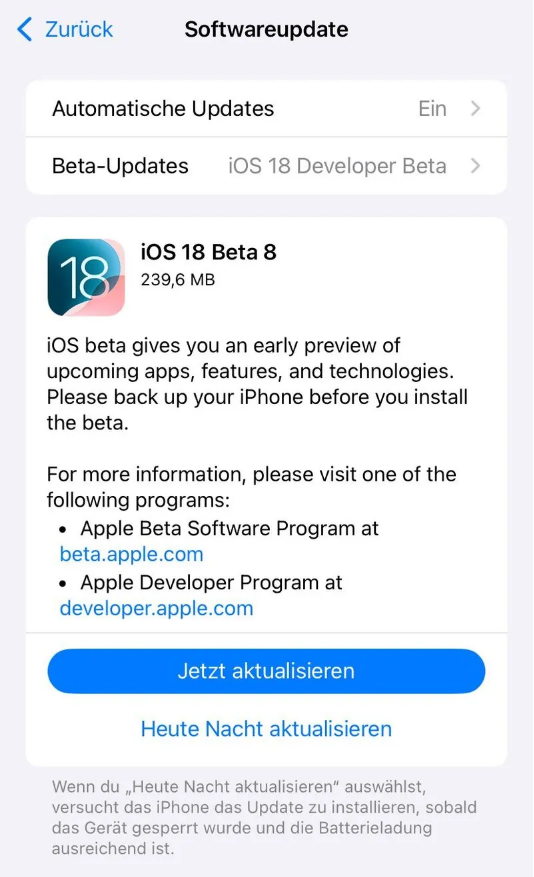 户县苹果手机维修分享苹果 iOS / iPadOS 18 开发者预览版 Beta 8 发布 